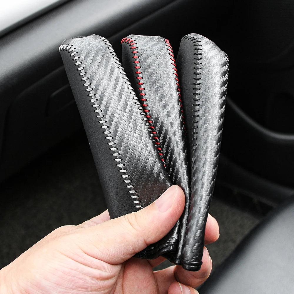 Carbon Fiber Style PU Leather Car Handbrake Cover Protective Sleeve Anti-Skid Parking Brake Handle Interior Accessories
