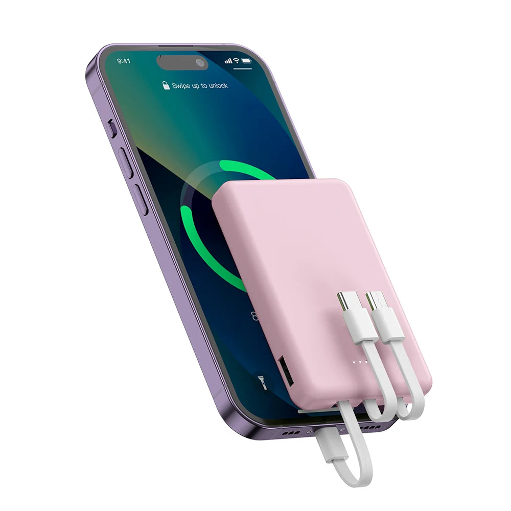 Mini 5000mAh Portable Power Bank With Built-in LED Digital Display, 1 USB-A Port and 3 Integrated Charging Cords, Ultra Compact External Battery Pack, Support Multiple Devices Simultaneous Charging Compatible With  Android Sm