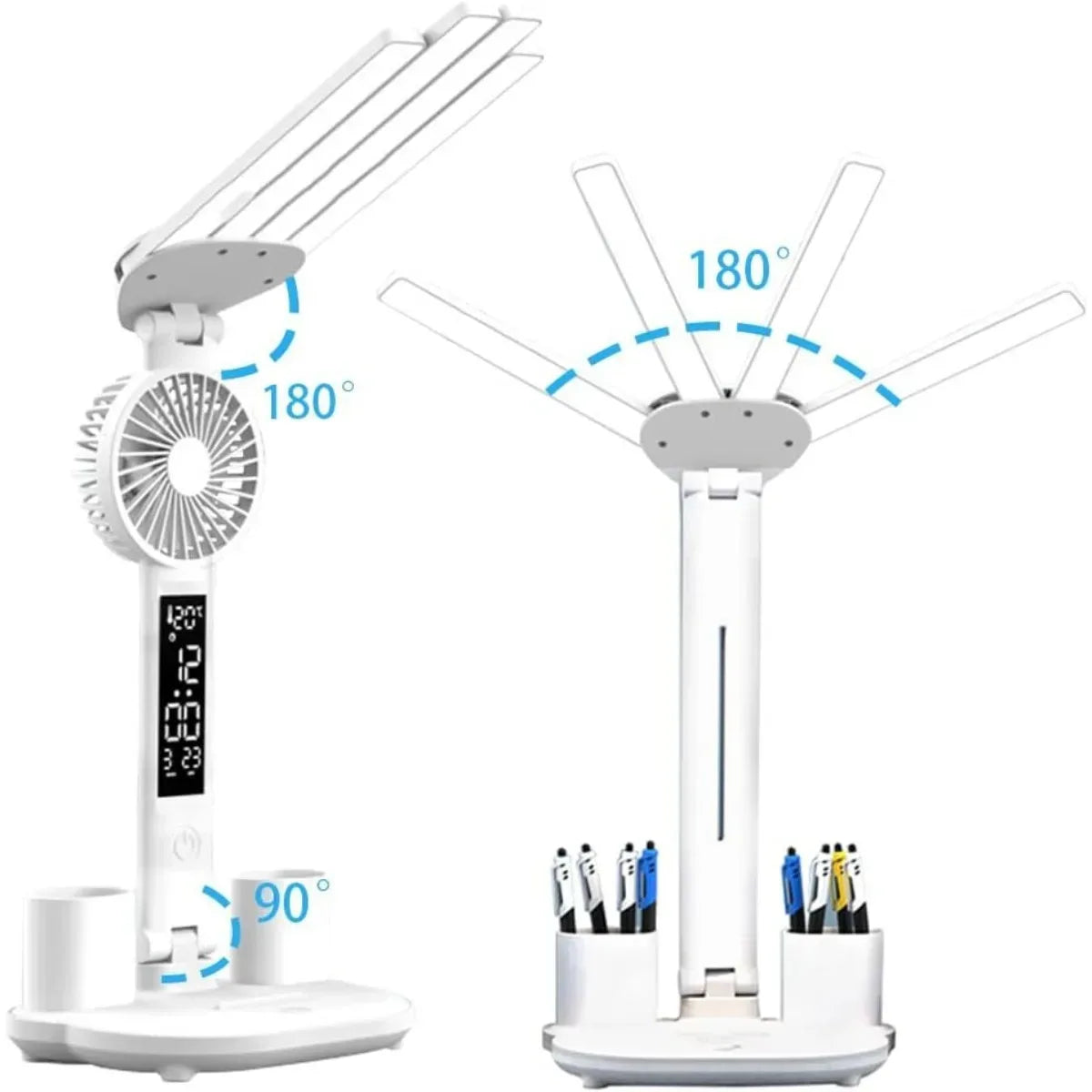 3 Color LED Table Lamp with Fan And Clock Four Headed Folding USB Charging Multifunction Desk Lamp for Reading Night Light - Urbizia