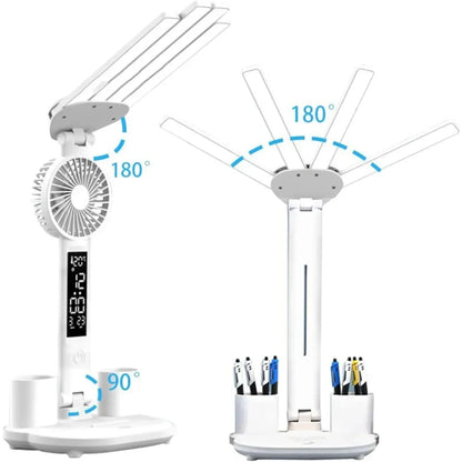 3 Color LED Table Lamp with Fan And Clock Four Headed Folding USB Charging Multifunction Desk Lamp for Reading Night Light - Urbizia