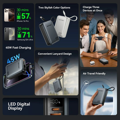 45W 20000mAh Fast Charging Power Bank with Built-in Cable