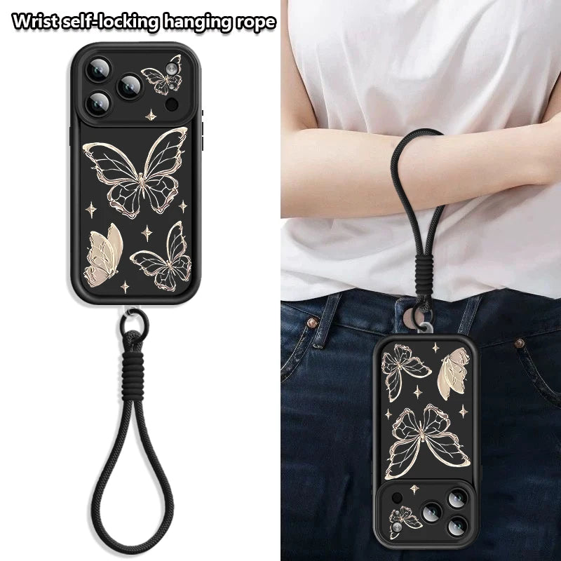 Retro Butterfly Pattern Lanyard Phone Case For iPhone 18 17 Pro Max 16 14 15 17 Pro 13 Pro Max 17e 16e 11 Soft Wrist Strap Cover
