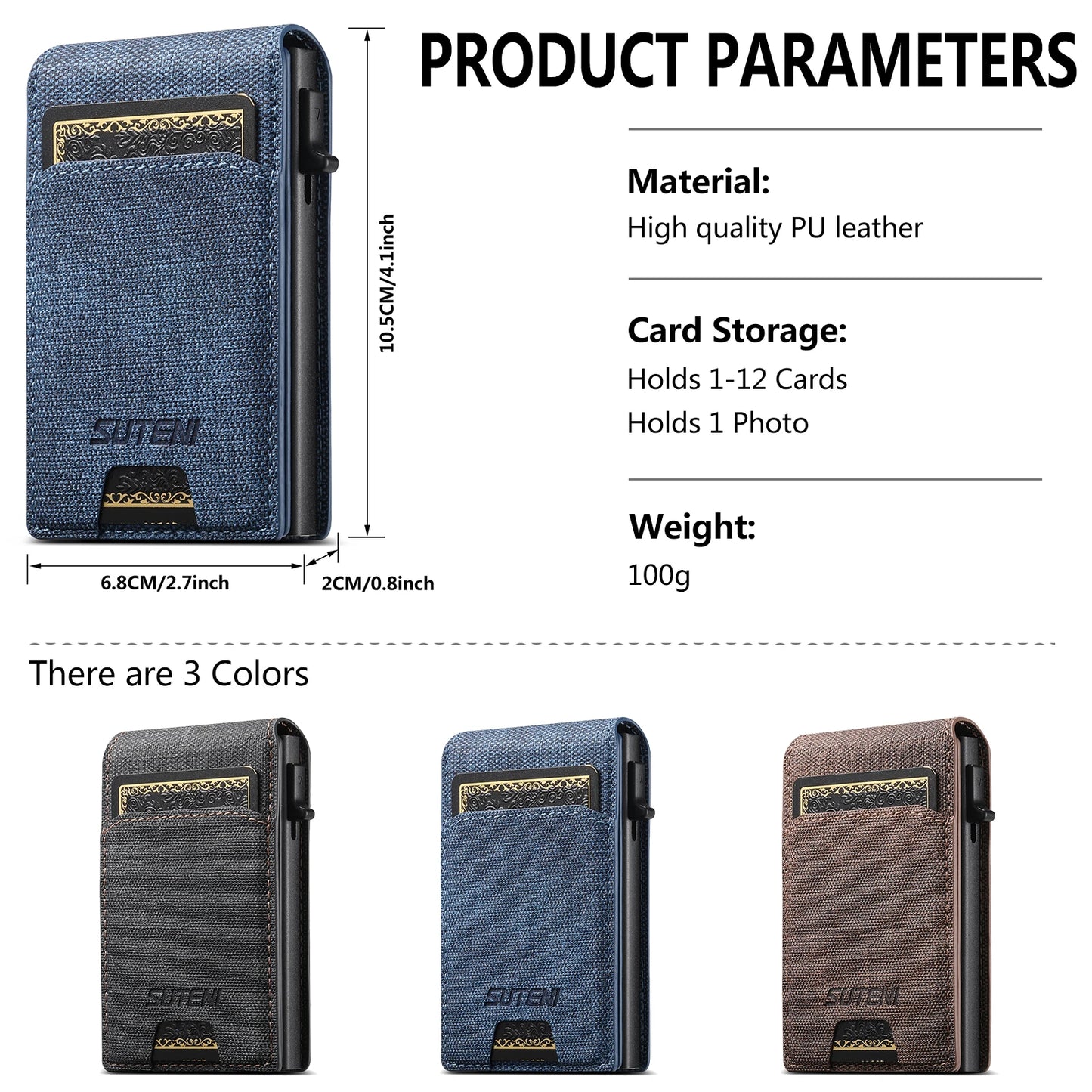 Push-out Card High Quality Faux Leather Card Holder Wallet Holder Large Capacity Can Hold 1-12 Cards 1 Photo Black/Brown/Blue