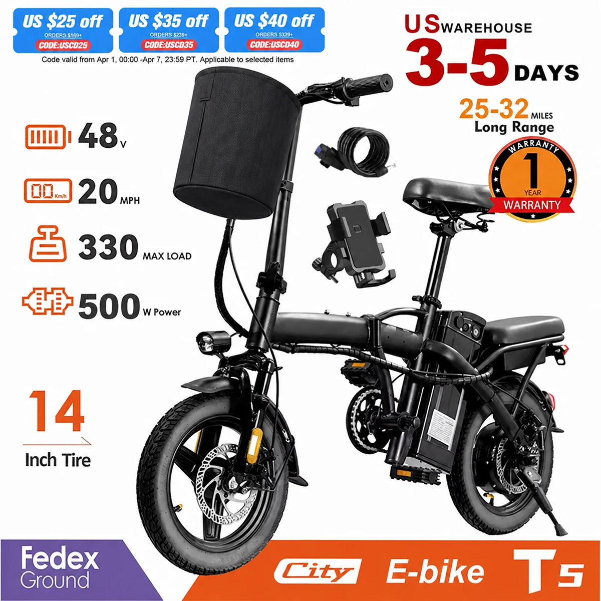 Adult and Adolescent Electric Bicycles, 20MPH, 560W Motor, 48V Detachable Battery, 14 inch Folding Electric Bicycle, Up to 25-32 Miles Long, Commuter Electric Bike