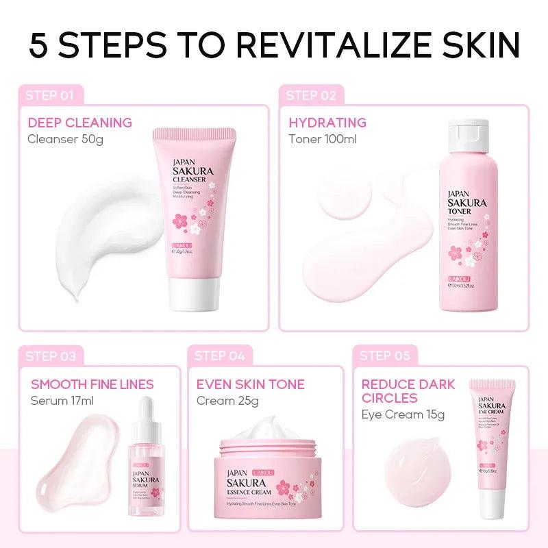 LAIKOU Sakura Kit Skin Care Sets Moisturizing and Reducing Fine Lines Cleansing Pore Product 5-Piece Korean Women's Day Gift
