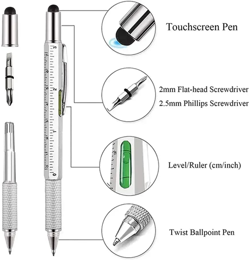 7 in 1 Multifunctional Pen Touch Screen Stylus Capacitive Pen with Screwdriver Ruler Levelgauge Refillable Ballpoint Pencil Tool - Urbizia