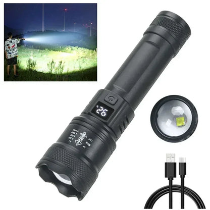 High Strong Power Led Flashlights 2000LM Tactical Torch with Display Light USB Charging Camping Fishing Emergency Zoom Lantern - Urbizia