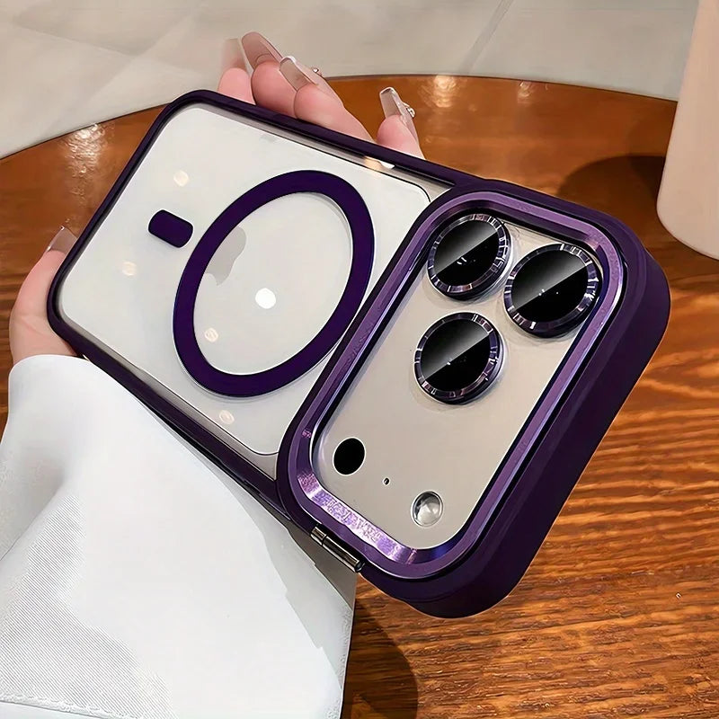 Luxury Magnetic Wireless Charging Lens Holder Case For iPhone 17 16 15 14 13 Pro Max Acrylic Shockproof Armor Transparent Cover