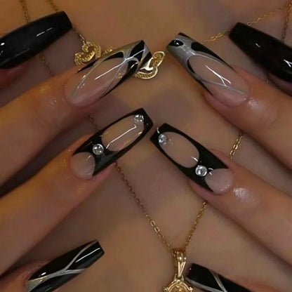 24Pcs Horror Comic Tomie Press on Nails – Almond Glossy Black Japanese Anime Nails, Reusable Halloween False Nail Tips