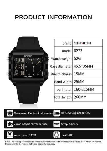 SANDA 6273 Fashion Electronic Watches for Man Luminous Calendar Waterproof Clock Outdoor Sports Casual Ladies Digital Wristwatch