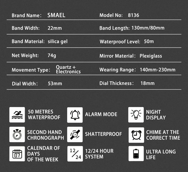 SMAEL 8136 50M Waterproof Military Watch for Men - LED Backlight Alarm Chronograph Stopwatch Shockproof Outdoor