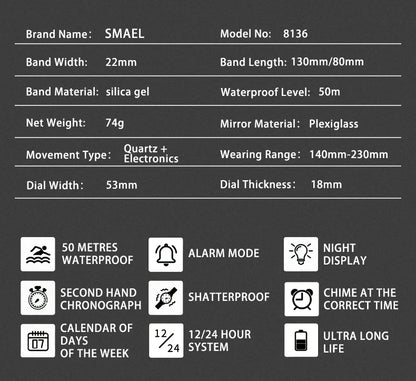 SMAEL 8136 50M Waterproof Military Watch for Men - LED Backlight Alarm Chronograph Stopwatch Shockproof Outdoor
