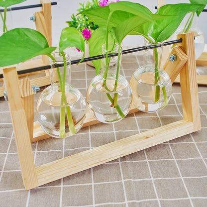 1pc, Tabletop Glass Planter Propagation Station Hydroponic Plant Vases In Wooden Rack Terrarium For Plants, Clear Flower Pot For