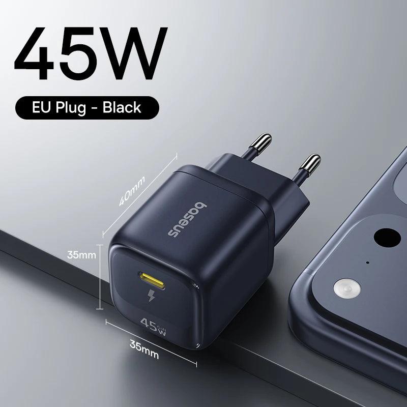 Baseus 45W GaN Charger For iPhone 17 16 15 Pro Max Samsung Galaxy Fast Charger Phone Charger USB C Charger Portable PD Charger
