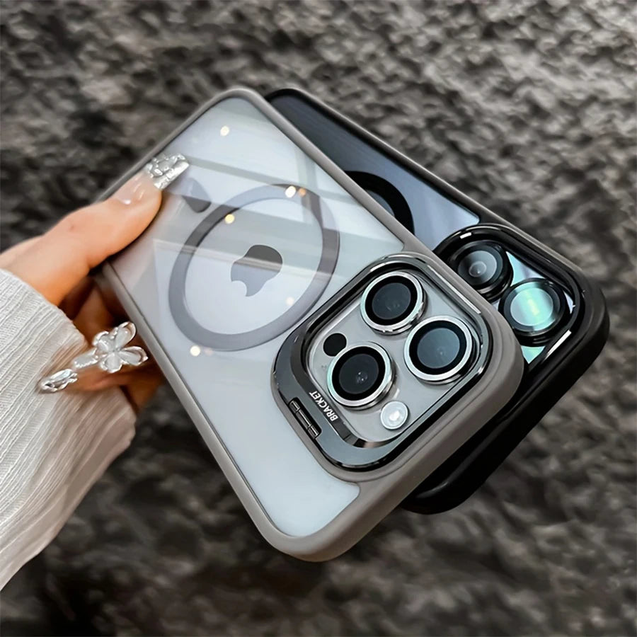 Phone Case - A Simple Magnetic Metal Frame Lens Protective Film/Stand Three-In-One Phone Case, Compatible with iPhone 18/17/16/15/14/13/12 Pro/Pro Max/Air/Plus，and For Samsung Galaxy S22/S23+/S24 FE/S25 Plus/S26 Ultra Sleek