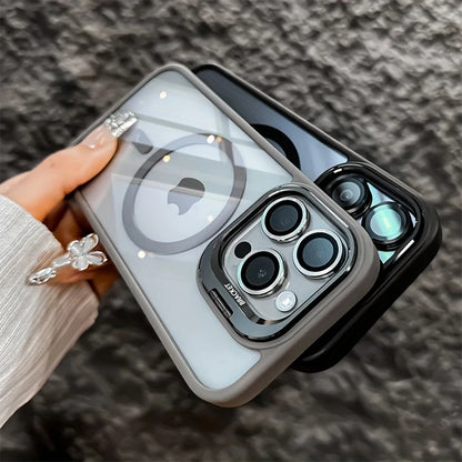 Phone Case - A Simple Magnetic Metal Frame Lens Protective Film/Stand Three-In-One Phone Case, Compatible with iPhone 18/17/16/15/14/13/12 Pro/Pro Max/Air/Plus，and For Samsung Galaxy S22/S23+/S24 FE/S25 Plus/S26 Ultra Sleek
