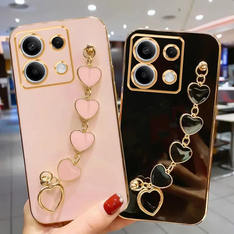Luxury Plating Love Heart Bracelet Chain Phone Case For XiaoMi 13T 14T Redmi 13C 14C 15 C 4G  Note 14 13 12 Pro Plus Back Cover