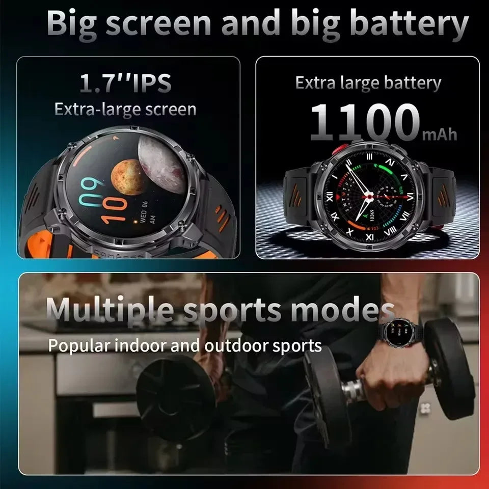 Men 1100mAh Ultra Durable Battery Smart Watch GPS Compass IP69K Waterproof BT Call 100+ Sport Mode Flashlight Sports Smartwatch - Urbizia