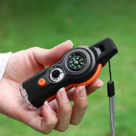 Camping Hiking 7in1 Outdoor Multifunctional Survival Whistle Flashlight Compass Thermometer Magnifier Reflector Magnifying Glass