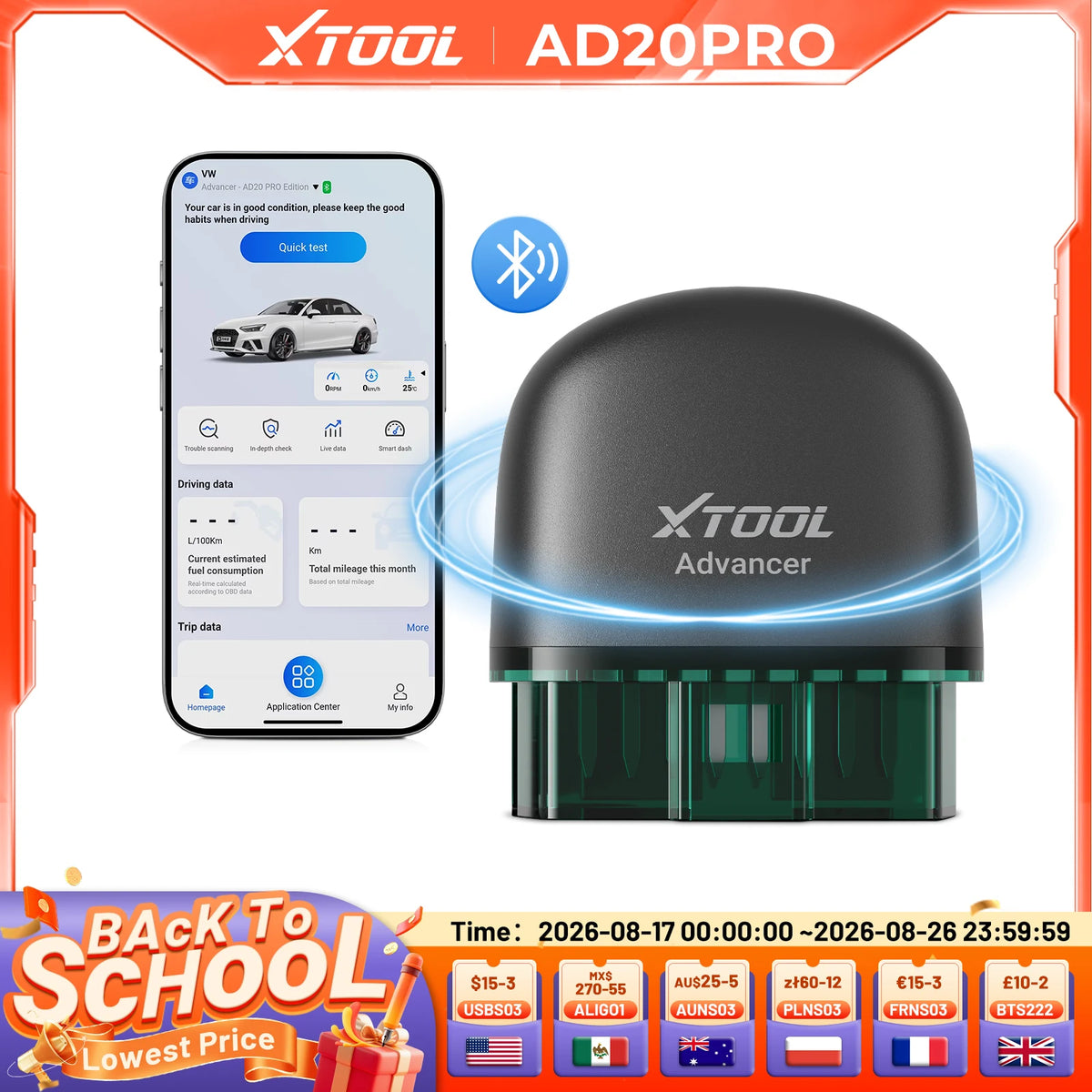 XTOOL AD20PRO OBD2 Scanner Check Engine Light IOS & Android Car Diagnostic Tool Battery Test Code Reader Lifetime Free Update