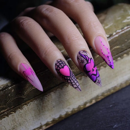 24Pcs Halloween Spider Print False Nails – Gothic Short Round Press-on Nail Tips for Women