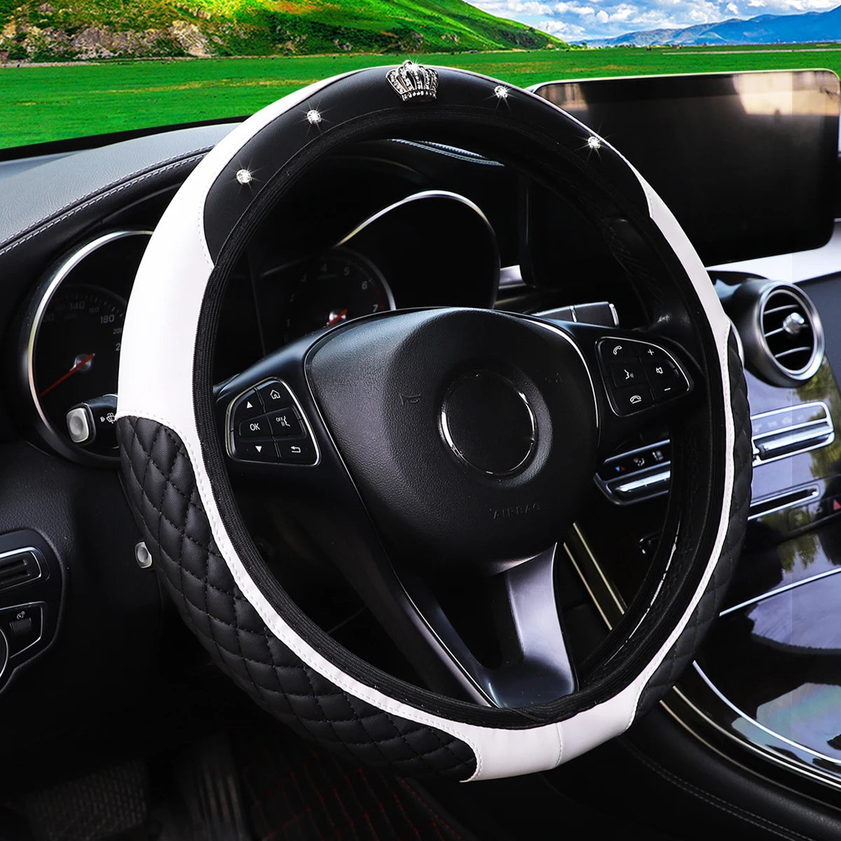 Pu leather diamond-encrusted crown Blingbling car rimless steering wheel cover suitable for 14.5 - 15 inch car accessories