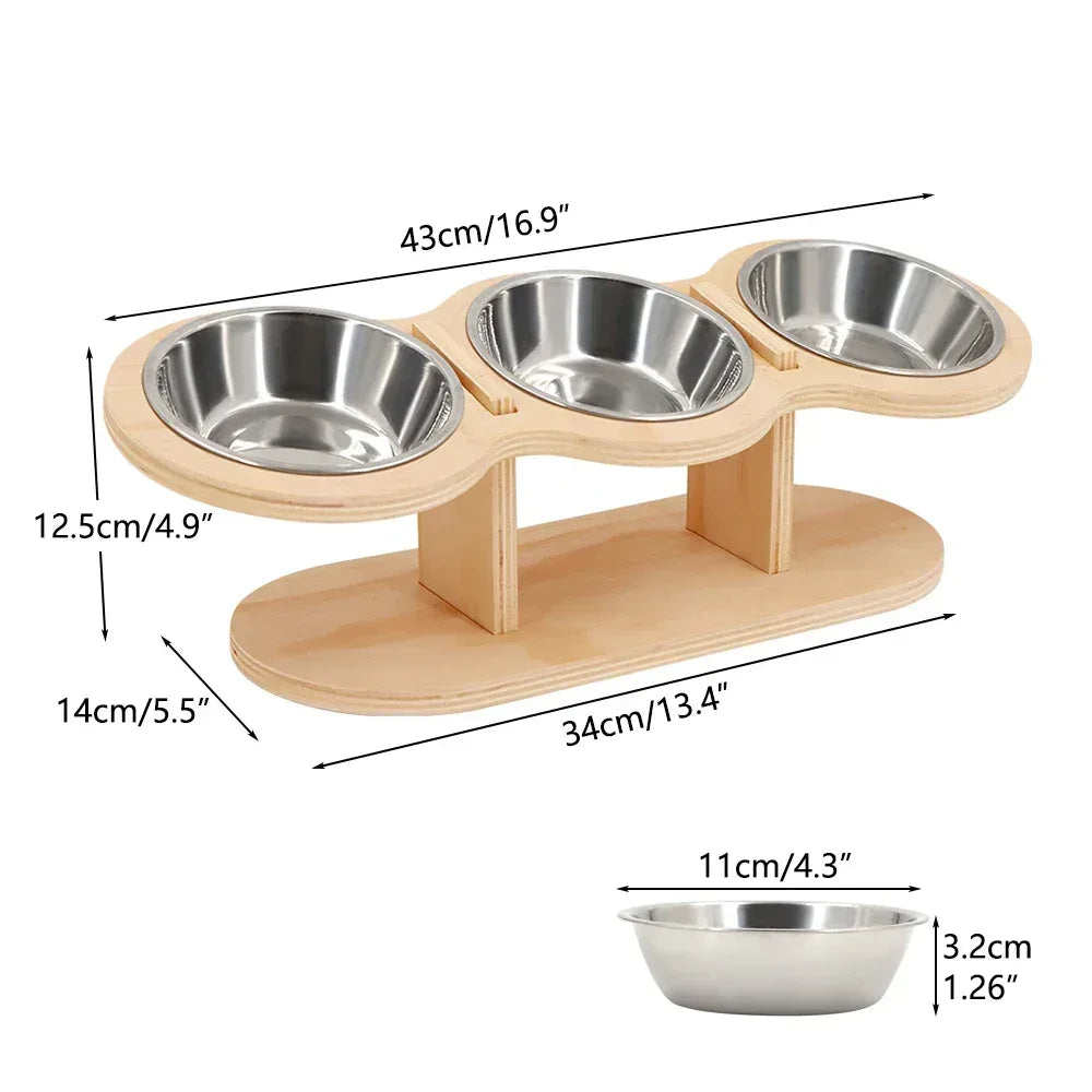Raised Cat Feeder 3 Bowls in 1 Feeding & Watering Supplies 15° Raised Puppy 3 Stainless Steel Bowls Wood Stand Cats Accessories - Urbizia