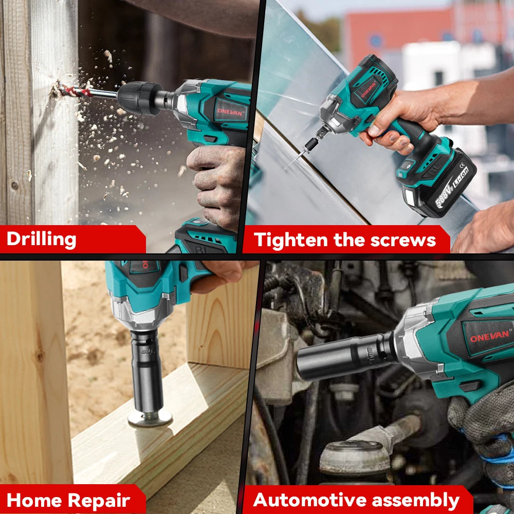 ONEVAN 1200N.M Brushless Electric Impact Wrench 3 Funtion 1/2" Cordless Portable Screwdriver Drill Tools For Makita Battery Pin