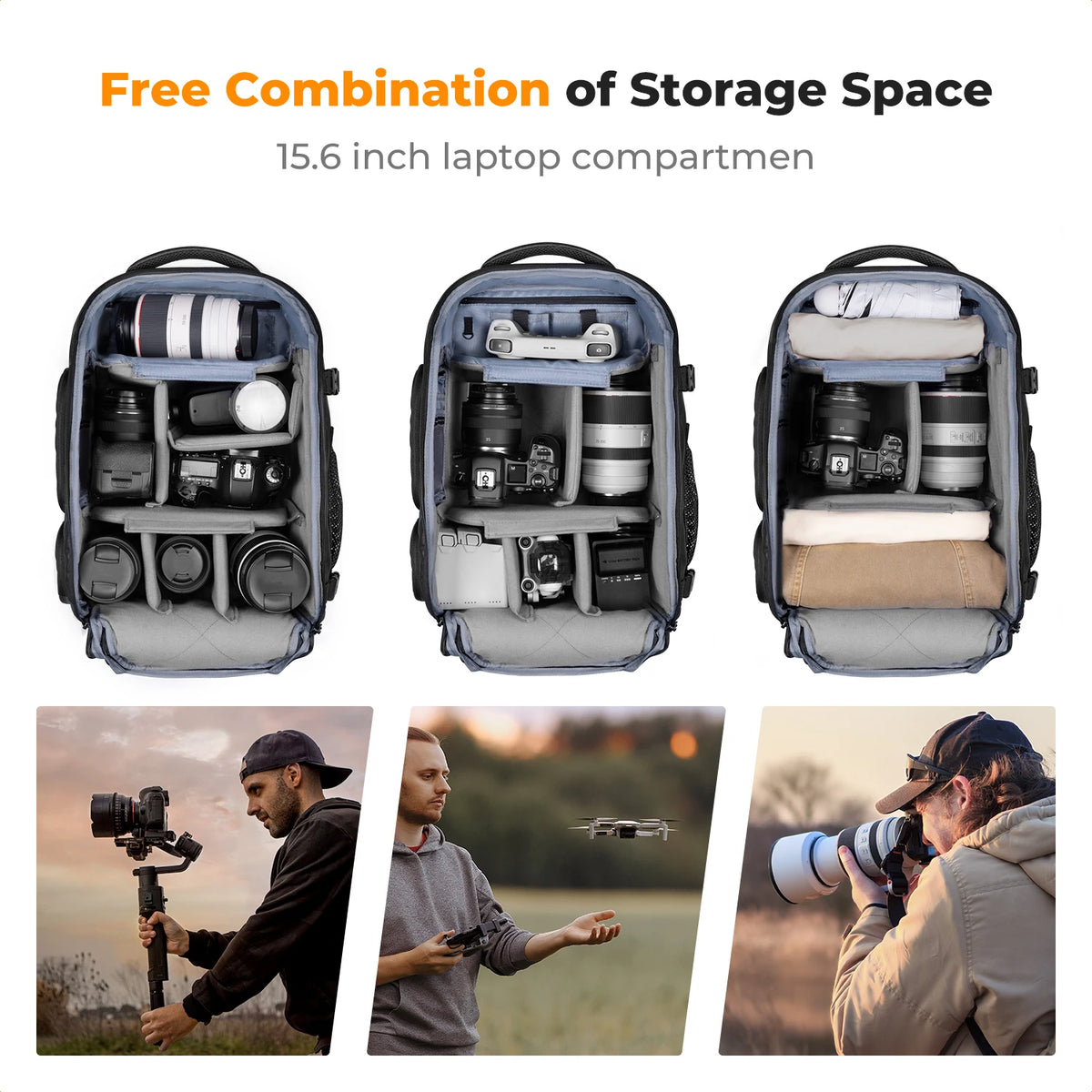 K&F CONCEPT 25L Camera Backpack Waterproof Sony Camera Bag for DSLR/SLR Camera Case with Tripod Strap Rain Cover for 15" Laptop