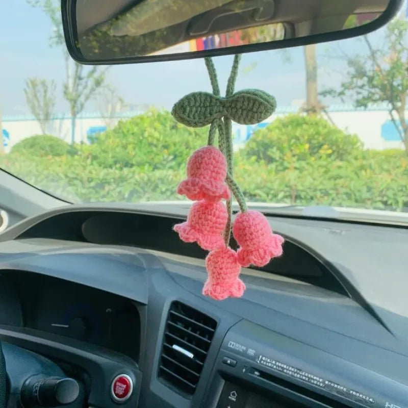 Lily Handmade Crochet Car Pendant Decoration  Bluebell Flower Rearview Mirror of The Car Hanging Keychain Accessories Woman Gift