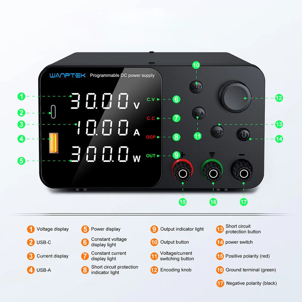 Wanptek Laboratory DC Power Supply 30V 10A 60V 5A 120V 3A with USB Fast Charging Adjustable Voltage Current Lab Power Supply
