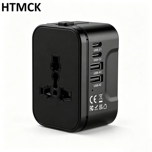 HTMCK 5-In-1 Travel Charger World All In One Universal Travel Adapter Two Type C +Two USB FAST Charging Ports For Travel, Home