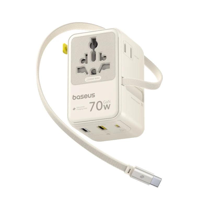 Baseus GaN Charger Universal Travel Adapter Built in 70W Retractable Cable 2AC 2 USB-A Type-C Fast Charging EU/UK/USA/AUS