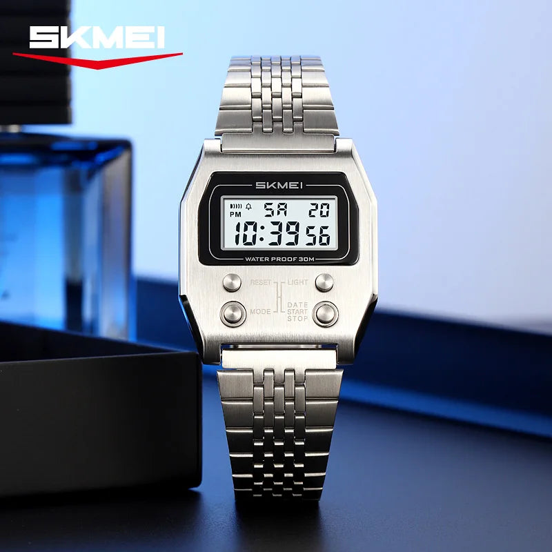 SKMEI 2460 Men's Sports Waterproof Digital Watch Stainless Steel Luxury Retro LED Alarm Clock Men's Electronic Watch Reloj Hombr