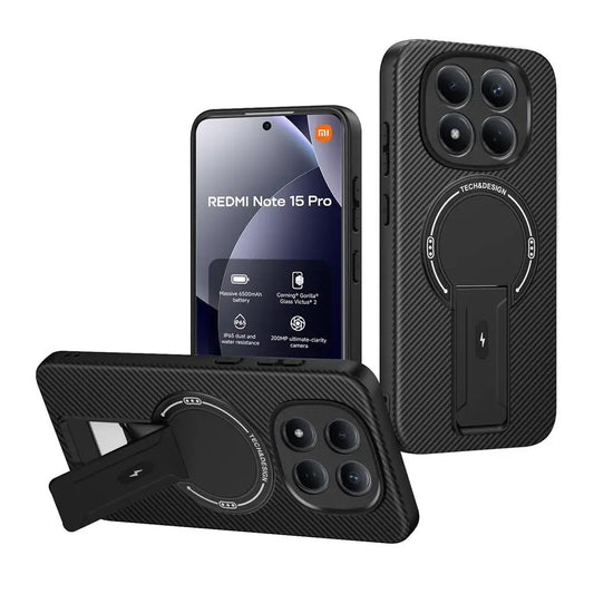 Luxury Magnetic Carbon Stand Case For Redmi Note 15 Pro Plus 5G / POCO M8 Pro 5G Wireless Charing Phone Back Cover Shockproof