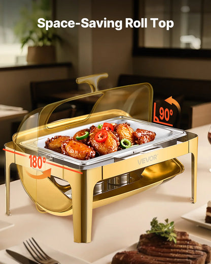 SucceBuy 9Qt Roll Top Chafing Dish Buffet Stainless Steel Chafer with Full Size Pan Visible Lid Rectangle Catering Warmer Server