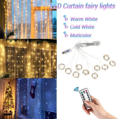 Christmas Curtain LED String Lights – 8 Modes USB Remote Control Fairy Lights