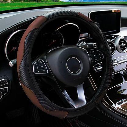 Universal Fit PU Carbon Fiber Leather Car Steering Wheel Cover 14.5-15 Inch No Inner Ring Required Vehicle Decoration Accessory