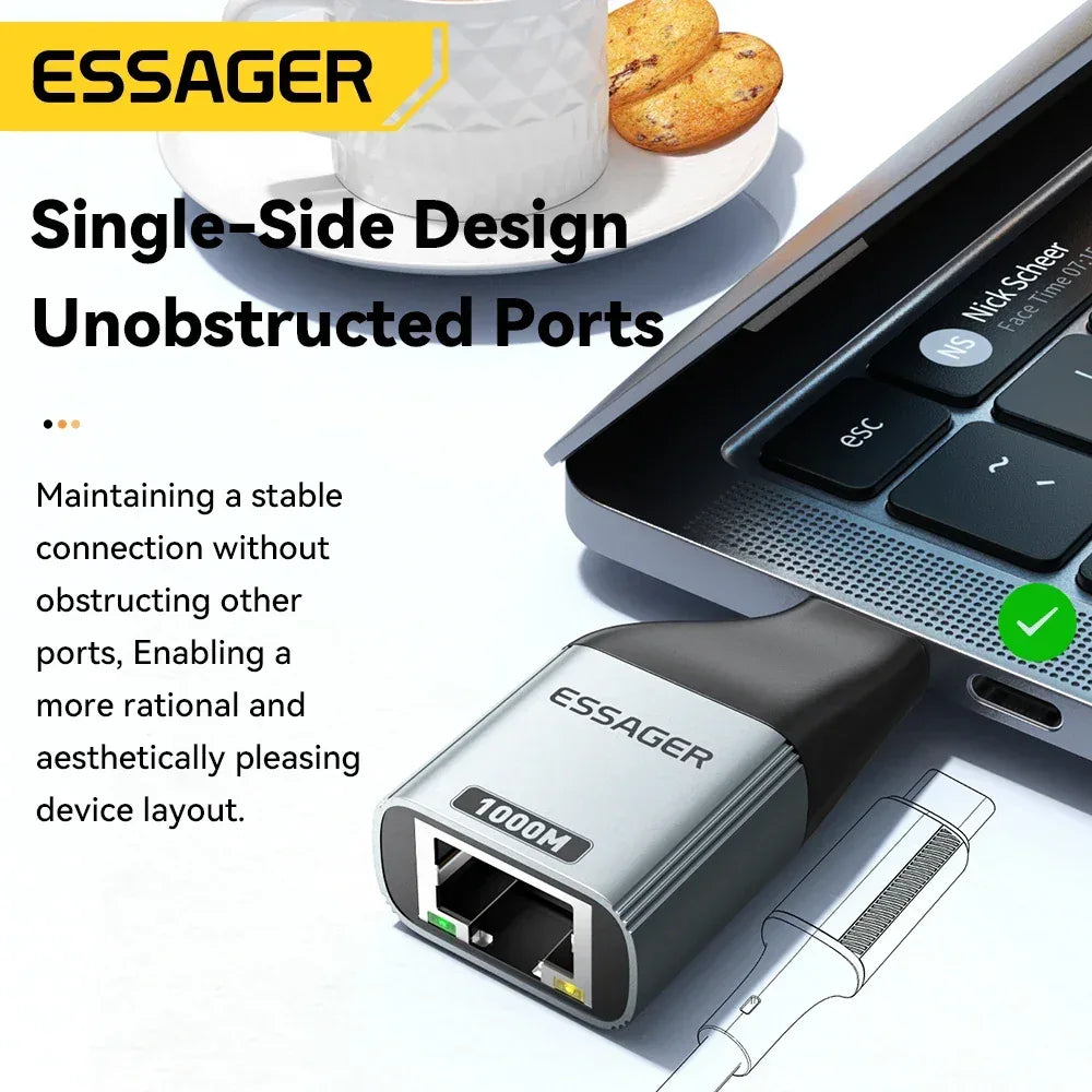 Essager Type-C to Ethernet Adapter 100/1000Mbps Gigabit High-Speed RJ45 To Type-c Adapter For MacBook Laptop Wired Network Card - Urbizia