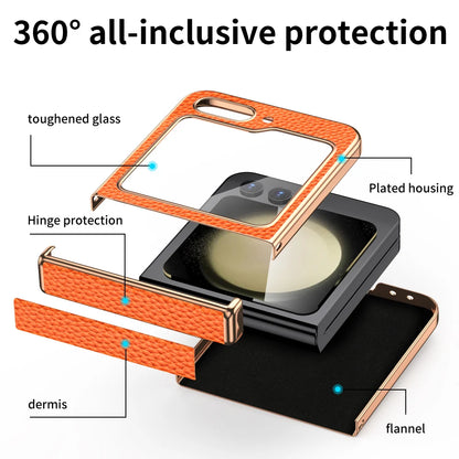 Cowhide Leather Phone Case for Samsung Galaxy Z Flip7 Flip6 Flip 7 FE 6 5 Luxury Hinge Protection Cover with Tempered Glass