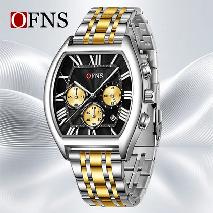OFNS 1644 Fashion Men Quartz Wristwatch design six-pin Multifunction Chronograph Calendar Waterproof Steel Strap Sports Watches
