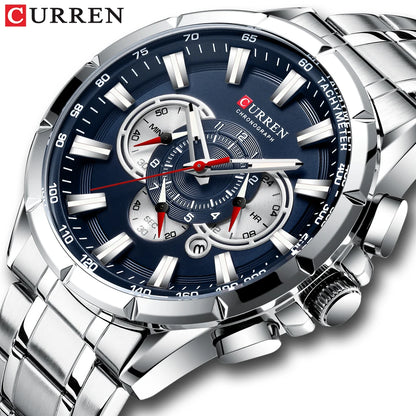 CURREN 8363 Casual Sport Chronograph Men's Watches Stainless Steel Band Wristwatch Big Dial Quartz Clock with Luminous Pointers