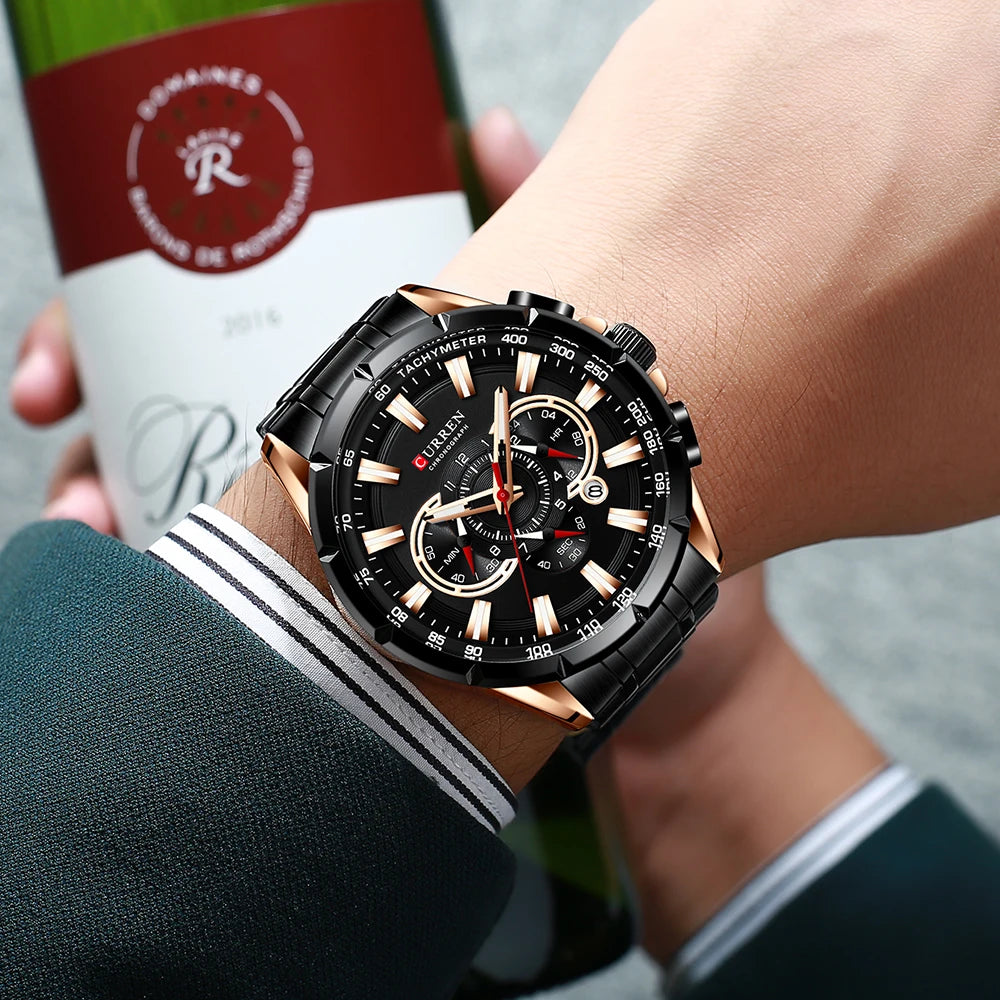 CURREN 8363 Casual Sport Chronograph Men's Watches Stainless Steel Band Wristwatch Big Dial Quartz Clock with Luminous Pointers