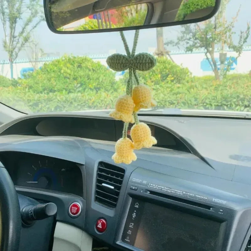 Lily Handmade Crochet Car Pendant Decoration Bluebell Flower Rearview Mirror of The Car Hanging Keychain Accessories Woman Gift - Urbizia
