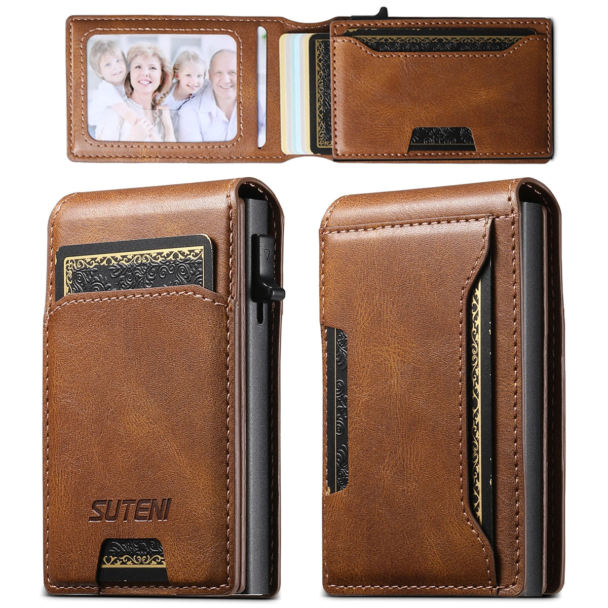 SUTENI PU Leather For Men Wallet Card Slot Wallet Flip Cover Card Box Pressing The Button Automatically Ejects The Card