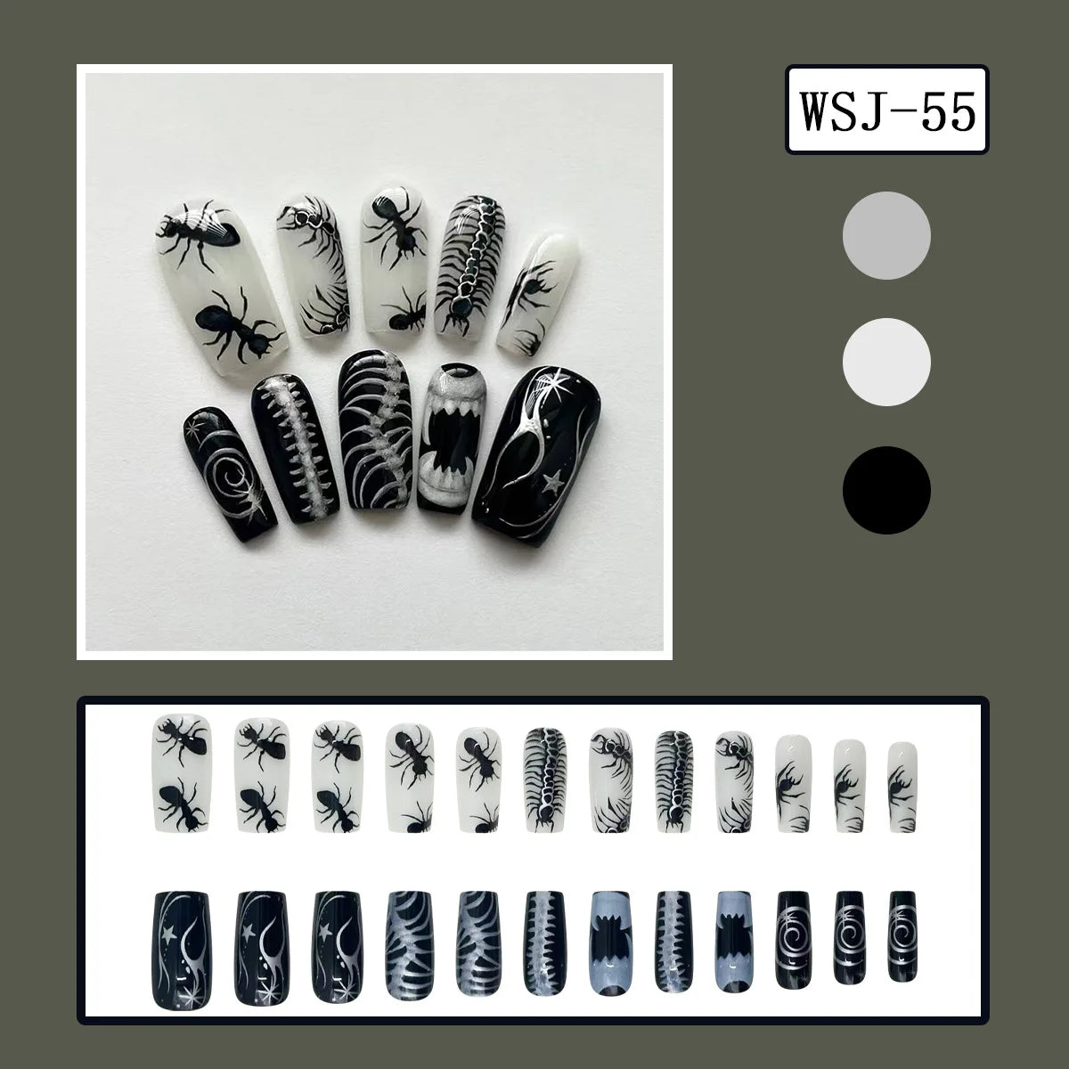 24pcs Silver Spider Design Press-On Nails – Gothic Punk Almond Shaped Halloween False Nail Tips