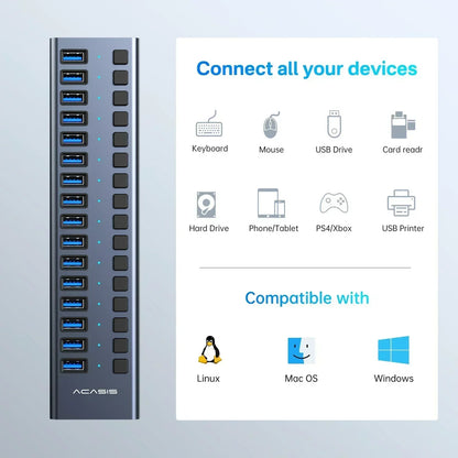 Acasis 16/10/7 Port USB Hub 10Gbps Individual Switch Charging Data Transfer for PC Laptop Workstation Multi Device Expansion