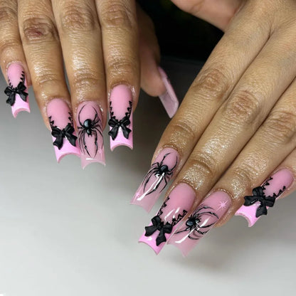 24Pcs Glitter Pink Sequins Fake Nails – Halloween Skull & Love Print Ballet Press-on Nails