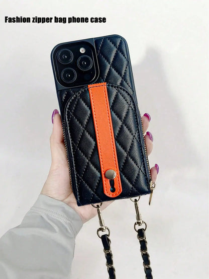 Luxury Lamb Print Half Round Patchwork Money Clip Wallet Fashion Phone Case with Seam Leather for iPhone 17/16/15/14/13/12/11