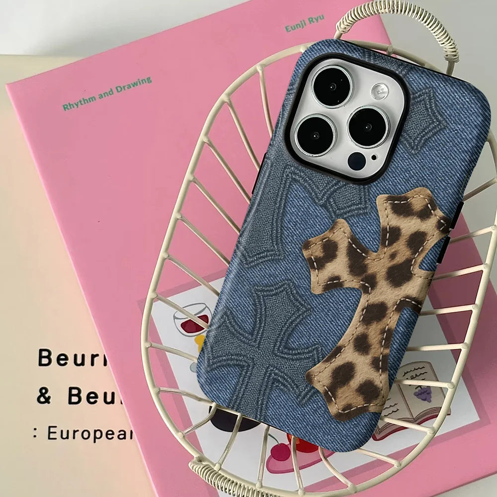 Clmj Phone Leopard Case for IPhone 17 16e 16 15 14 13 12 11 X XS XSMAX 7 8 Air Pro Max Plus Luxury Cross Double-layer Back Cover